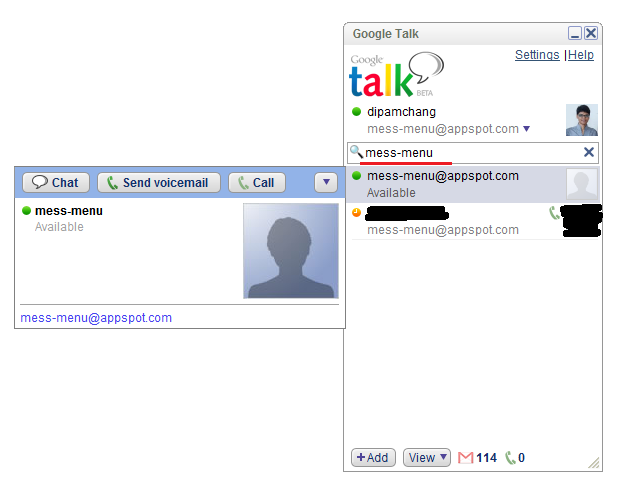 Search mess-menu as the contact and open the chat window